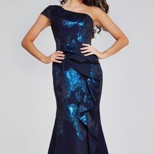 Jovani Navy One Shoulder Gown
